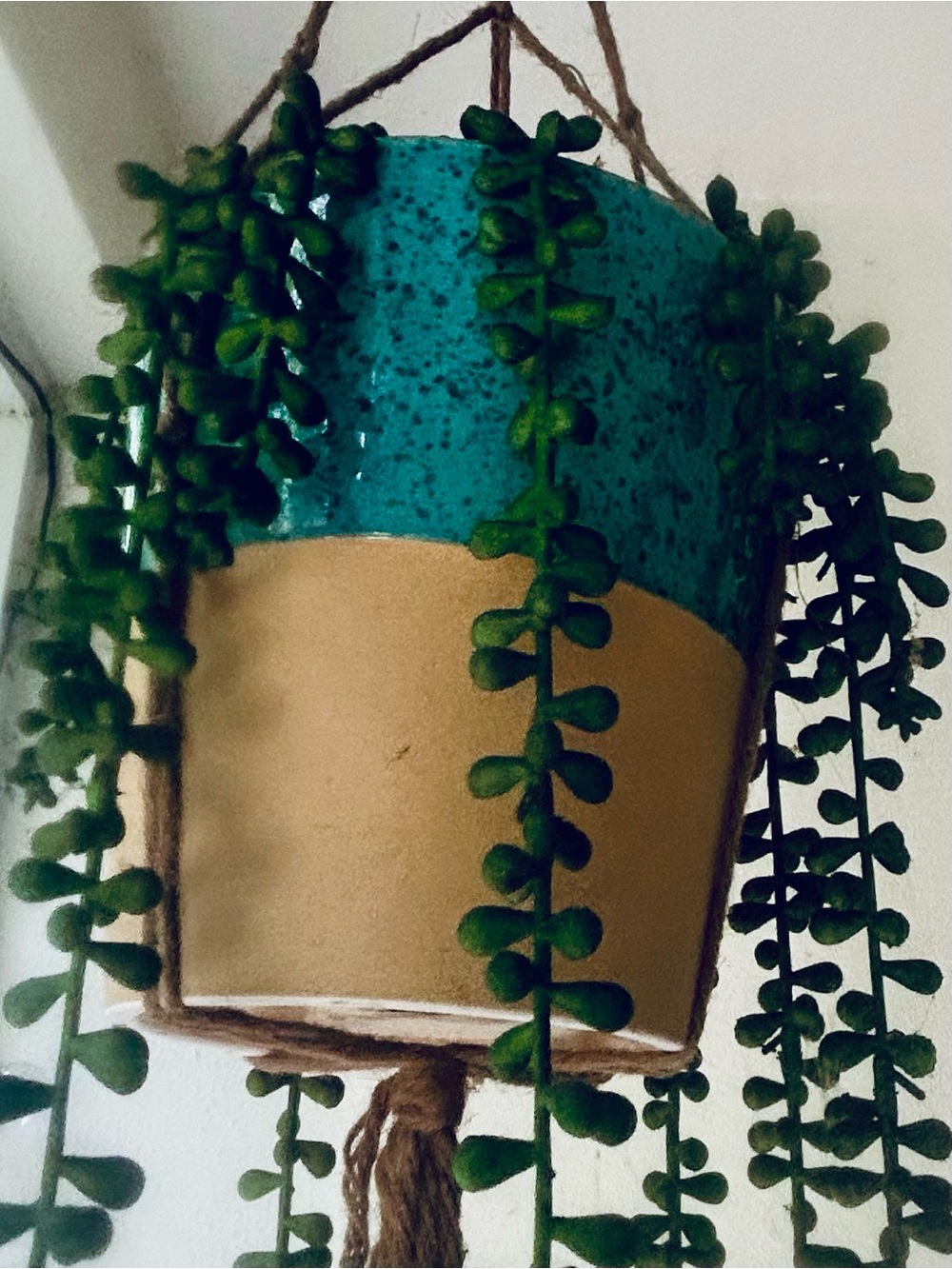 Boho Hanging Planter – Teal & Tan Ceramic Pot with Faux String artificial plant.